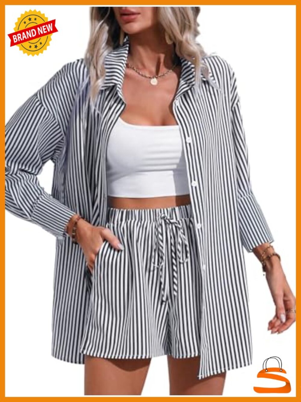 Striped Button Down Shirt and Drawstring Shorts Set